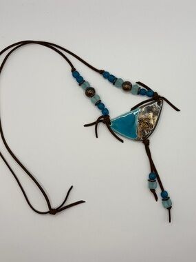 Handcrafted Turquoise Blue Ceramic Pendant Necklace with Brown Cord